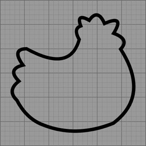 May include: A black outline of a hen on a gray grid background. The hen is facing left, with a curved body, a small head crest, and a curved beak. The image is a simple, graphic illustration.