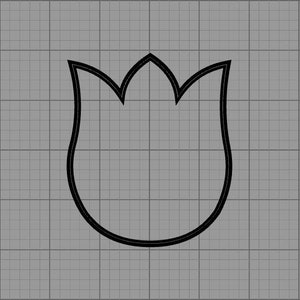 Puede incluir: Un contorno negro de una flor de tulip&aacute;n sobre un fondo de cuadr&iacute;cula gris. La forma del tulip&aacute;n es simple, con tres p&eacute;talos en la parte superior y una base redondeada. Las l&iacute;neas son gruesas y audaces, creando una imagen clara y definida.