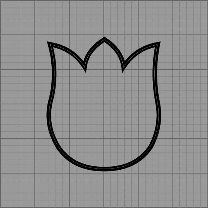 Puede incluir: Un contorno negro de una flor de tulip&aacute;n sobre un fondo de cuadr&iacute;cula gris. La forma del tulip&aacute;n es simple, con tres p&eacute;talos en la parte superior y una base redondeada. Las l&iacute;neas son gruesas y audaces, creando una imagen clara y definida.