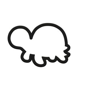 May include: Black outline of a turtle cookie cutter. The cutter features a rounded shell, head, and flipper details. The design is simple and suitable for creating turtle-shaped biscuits or fondant decorations.