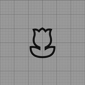 May include: A black outline of a tulip flower on a gray grid background. The tulip has a detailed outline, with a curved stem and a flared base. The image is a simple, graphic representation of a floral design.