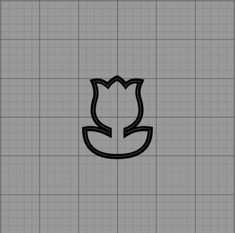 May include: A black outline of a tulip flower on a gray grid background. The tulip has a detailed outline, with a curved stem and a flared base. The image is a simple, graphic representation of a floral design.