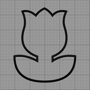 May include: A black outline of a tulip flower on a gray grid background. The tulip has a detailed, stylized shape with curved petals and a rounded base. The design is simple and graphic, suitable for various applications.