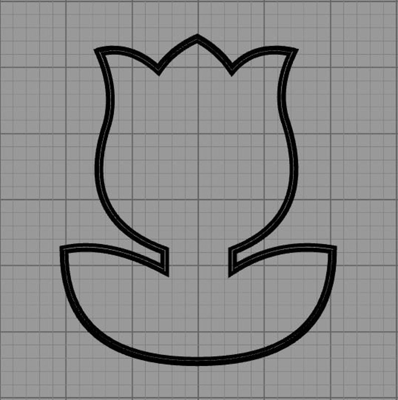 May include: A black outline of a tulip flower on a gray grid background. The tulip has a detailed, stylized shape with curved petals and a rounded base. The design is simple and graphic, suitable for various applications.