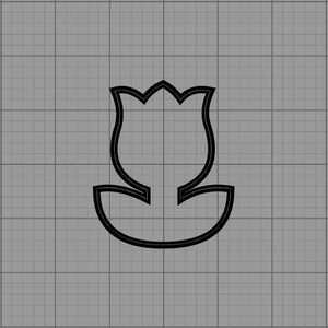 May include: A black outline of a tulip flower on a gray grid background. The tulip has a curved, bell-shaped form with a detailed outline of the petals and stem. The design is simple and elegant.