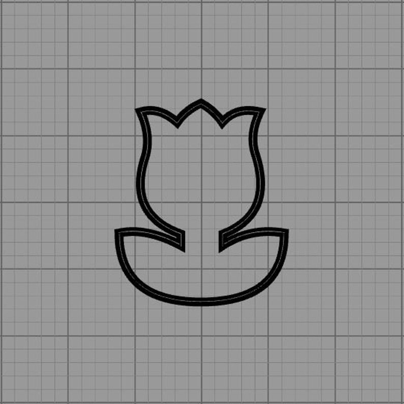 May include: A black outline of a tulip flower on a gray grid background. The tulip has a curved, bell-shaped form with a detailed outline of the petals and stem. The design is simple and elegant.