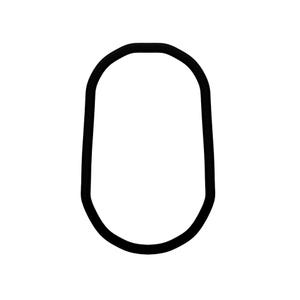 May include: A black, oval-shaped rubber gasket with rounded corners, set against a white background. The gasket's thick, solid outline defines its shape, suggesting a seal or component for machinery or equipment.