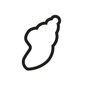 May include: A black, stylized outline of a seashell against a white background. The seashell shape has a smooth, rounded form with a small, circular detail at the top. The design is simple and modern.