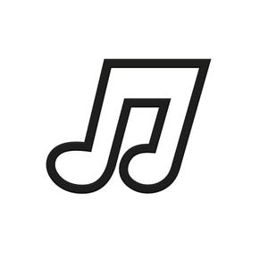 May include: A black musical note icon on a white background. The icon is a stylized representation of a musical note, with a rounded bottom and a vertical stem. The design is simple and modern.