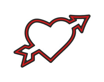 May include: A graphic illustration of a heart shape pierced by an arrow. The design features a thick black outline with a vibrant red inner border, creating a bold contrast against the white center of the heart and the arrow shaft.