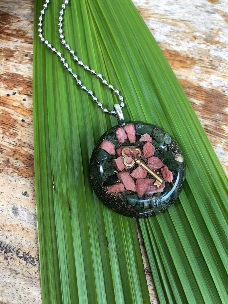 Dolomite and Celadonite Orgone Protector Pendant with Brass Key