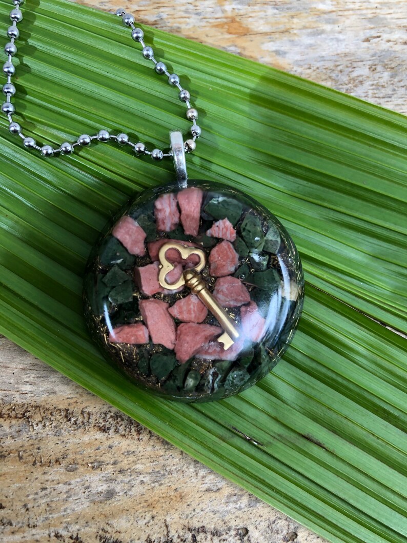 Dolomite and Celadonite Orgone Protector Pendant with Brass Key