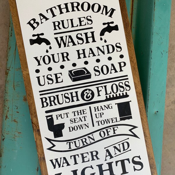 Bathroom Rules Sign Wood Frame Etsy