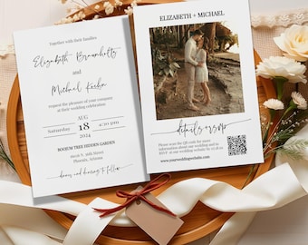 Minimalist Wedding Invitation Template with Photo & QR Code (5x7 Digital Download) MN04W