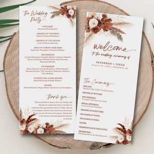 Plantilla de programa de boda bohemio en terracota, programa de boda con hierba de la pampa, ceremonia de boda en el desierto oxidado imprimible, tarjeta de orden de servicio, FL01