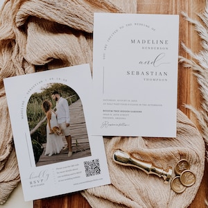 Moderner Bogen Hochzeitseinladung, minimalistische Antwortkartenvorlage, klassisches Fotodesign, einfache Typografie, anpassbar MN17W