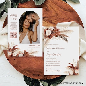 Rust Terracotta Boho Wedding Invitation Template, Pampas Grass Floral, Desert Wedding Invite, Arch Photo Wedding Invite, QR Code RSVP, FL01