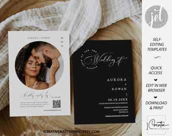 Elegant Black Wedding Invite, Classic Black Wedding Invitation Template, Minimalist Photo Invite, QR Code RSVP, Modern Wedding Invite, MN20B