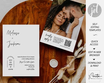 Minimalist Wedding Invitation Template, Modern Wedding Invite, Simple Photo Invite, QR Code RSVP, Classic Wedding Invitation Printable MN02W