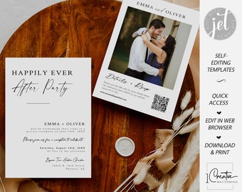 Minimalist Happily Ever After Party Invitation Template, Modern Photo Wedding Elopement Announcement, Editable Reception Party Invite, MN12W