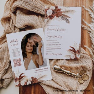 Rust Terracotta Boho Wedding Invitation Template, Pampas Grass Floral, Desert Wedding Invite, Arch Photo Wedding Invite, QR Code RSVP, FL01