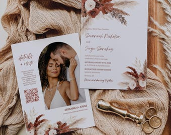 Rust Terracotta Boho Wedding Invitation Template, Pampas Grass Floral, Desert Wedding Invite, Arch Photo Wedding Invite, QR Code RSVP, FL01