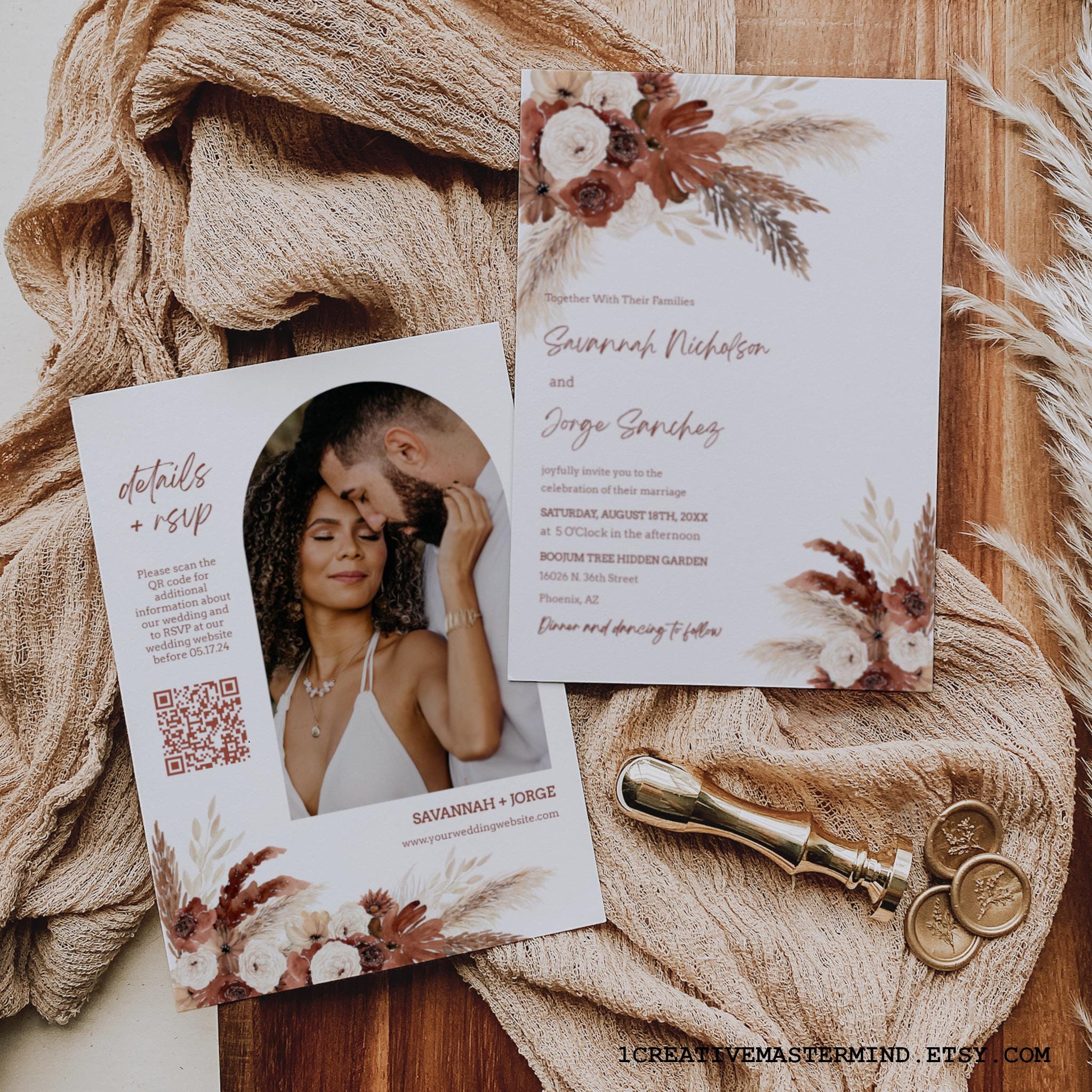 Rust Terracotta Boho Wedding Invitation Template, Pampas Grass Floral,  Desert Wedding Invite, Arch Photo Wedding Invite, QR Code RSVP, FL01 - Etsy, image size:2048x2048