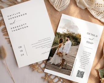 Photo QR Code Wedding Invitation Template, Editable Arch Photo Invite, Modern Minimalist Wedding Invite, Instant Download, MN16W