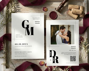 Monogram Wedding Invitation Template, Photo QR Code RSVP, Minimalist Modern Typography, Editable Instant Download, MN25W
