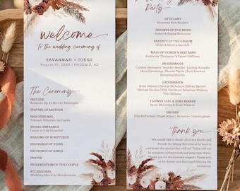 Wedding Program Template Terracotta Pampas Grass | Boho Ceremony Order of Service | FL01