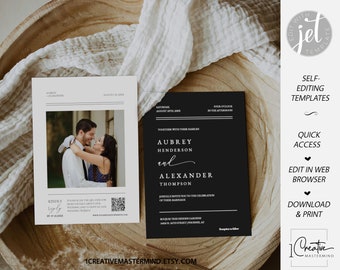 Elegant Black Wedding Invite, Classic Black Wedding Invitation, Minimalist Photo Invite, QR Code RSVP, Typography Invite Template, MN18B