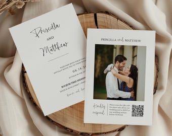 Modern Photo Wedding Invitation Template with QR Code RSVP, Editable Minimalist Invite, Printable Wedding Invite, Instant Download MN09W