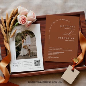 Boho Terracotta Arch Wedding Invitation Template: QR Code RSVP (Digital Download)