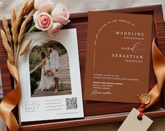 Boho Arch Wedding Invitation Template, Rust Terracotta Wedding Invite, QR Code RSVP, Minimalist Wedding Invite, Modern Typography Card MN17T