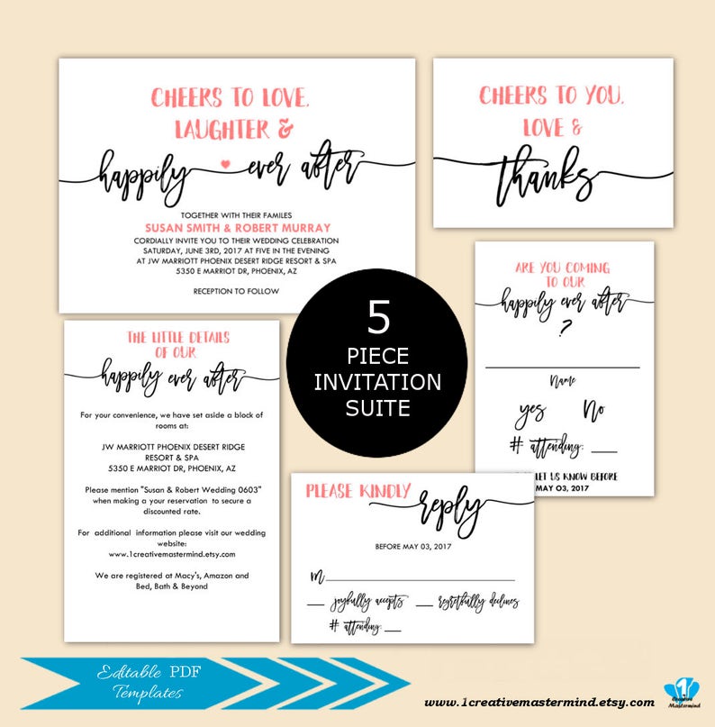 DIY Rustic Wedding Invitation Set Editable PDF Invitation Suite Printable Template typography invite script Wedding Invitation Template