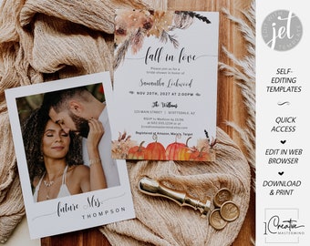 Fall Bridal Shower Invitation Template, Boho Bridal Shower Pumpkin Invite, Fall in Love Bachelorette Party Card, Boho Hen Party Invite, BR01