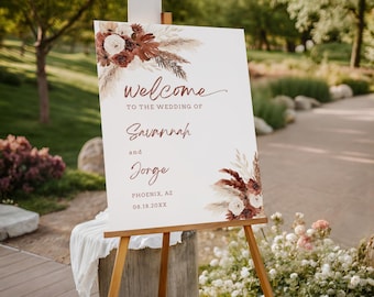 Boho Wedding Welcome Sign Printable, Pampas Grass Terracotta Floral, Editable Fall Wedding Sign Template 18x24 24x36 A1 A2 | FL01