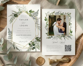 Greenery Gold Geometric Wedding Invitation Template with Photo, Eucalyptus Botanical Invite, QR Code RSVP, Printable, Instant Download, GN01