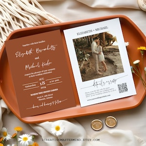 Terracotta Rustic Wedding Invitation, Desert Wedding Invite, Modern Minimalist, Fall Photo Invite, QR Code RSVP, Boho Wedding Template, MN04