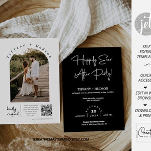 Black Minimalist Wedding Elopement Announcement QR Code, Modern Happily Ever After Party Invitation, Black Wedding Reception Invite, MN08B