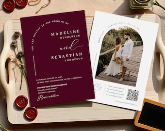 Burgundy Arch Photo Wedding Invitation | Editable QR Code RSVP | Minimalist Instant Download | MN17BU