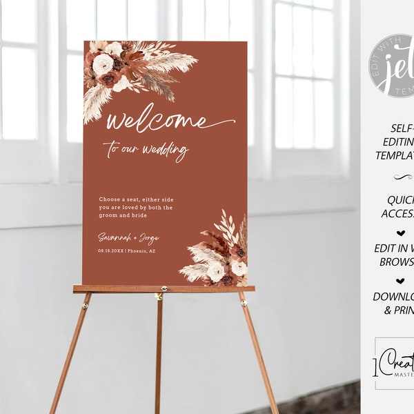 Boho Wedding Welcome Sign Template, Printable Terracotta Welcome Sign, Fall Wedding Welcome Poster, Pampas Grass Welcome Wedding Sign, FL01