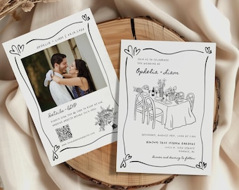 Whimsical Hand Drawn Wedding Invitation Template, Editable Photo Invite with QR Code RSVP, Instant Download Minimalist Wedding Invite WM01