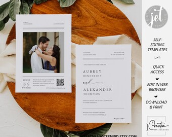 Modern Minimalist Wedding Invitation, Simple Typography Wedding Invite, QR Code RSVP, Classic Wedding Invite Template, Photo Invite, MN18W