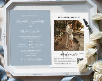 Dusty Blue Wedding Invitation Template, Editable Photo Invite with QR Code RSVP, Printable 5x7 Wedding Invite, Instant Download, MN04DB