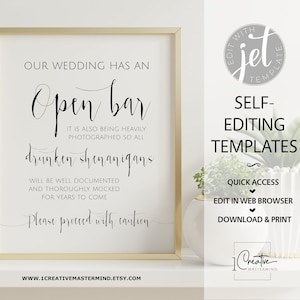 Open Bar Wedding Sign, Printable Wedding Sign, Shenanigans Sign, Funny Wedding Sign, Instant Download, Alcohol sign, Bar Sign, Digital MN01 image 1