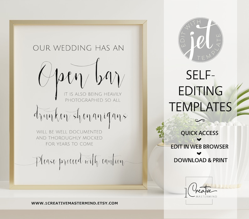 Open Bar Wedding Sign, Printable Wedding Sign, Shenanigans Sign, Funny Wedding Sign, Instant Download, Alcohol sign, Bar Sign, Digital MN01 image 1