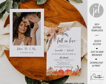 Fall in Love Invitation Template, Boho Couple Shower Pumpkin Invite, Fall Couple Shower Card, Boho Pumpkin Autumn Invite, Autumn Invite CS01