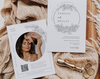 Botanical Rose Wedding Invitation Template, Line Art Floral Invite, Boho Wedding, Circle Photo RSVP, QR Code Invite, BT02W