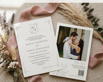 Floral Crest Wedding Invitation Template, Editable Monogram Invite, Botanical Photo Invite, QR Code RSVP, Elegant Classic Wedding, BT03W